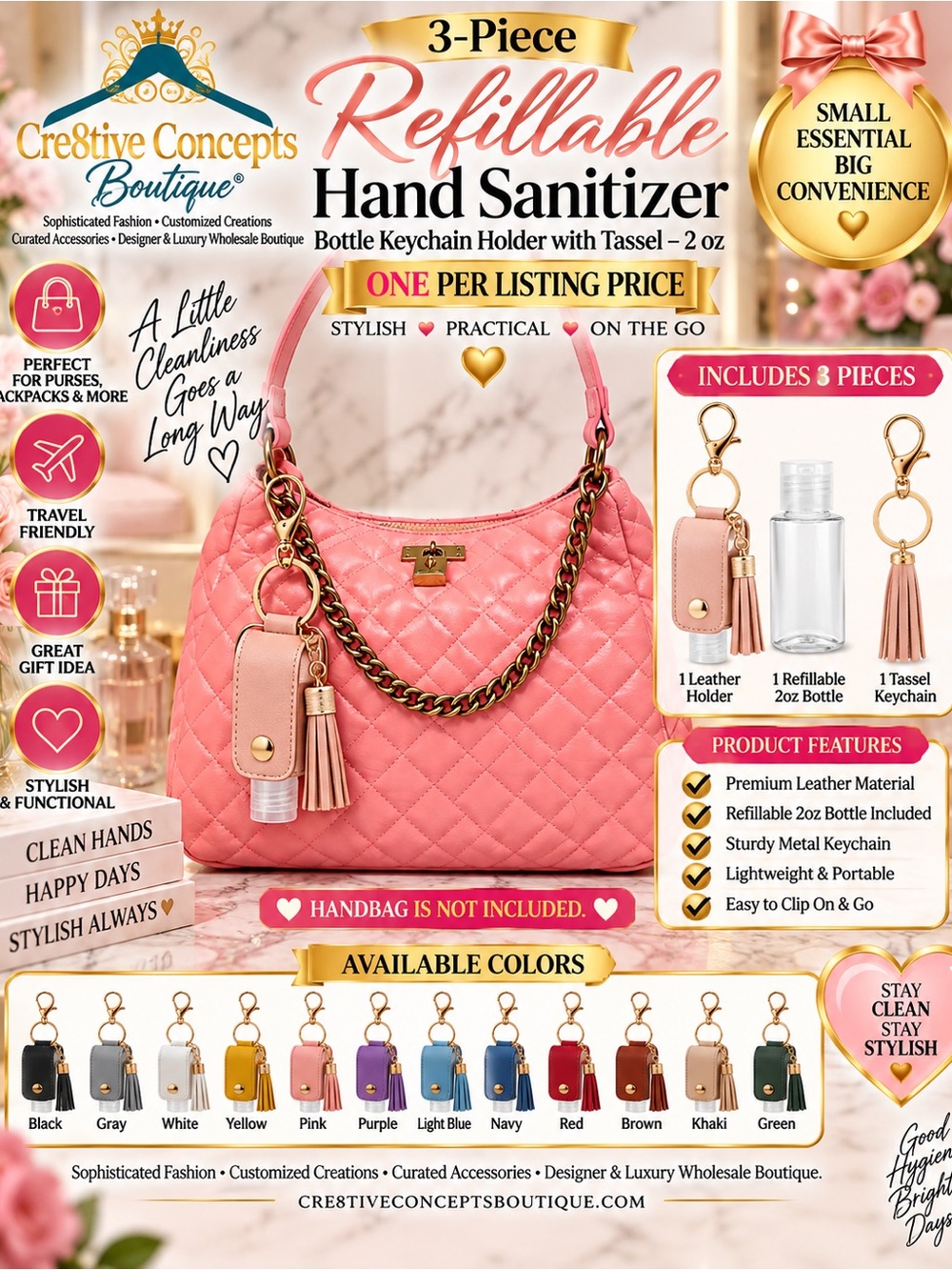 3-Piece Refillable Hand Sanitizer Bottle Keychain Holder with Tassel – 2 oz